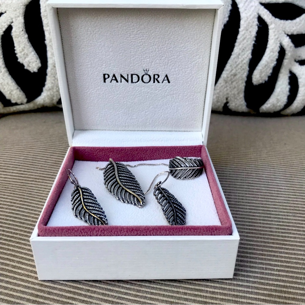 Pandora Feather Jewelry Set Necklace Earrings and Size 7 Ring